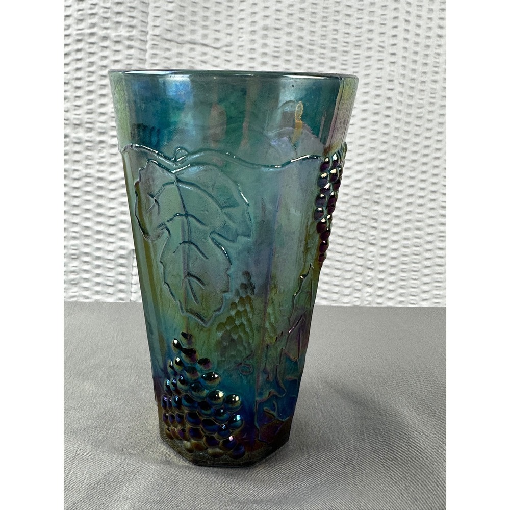 Vintage Indiana Harvest Blue Carnival Glass Tumbler Embossed Grapes‎ Leaves